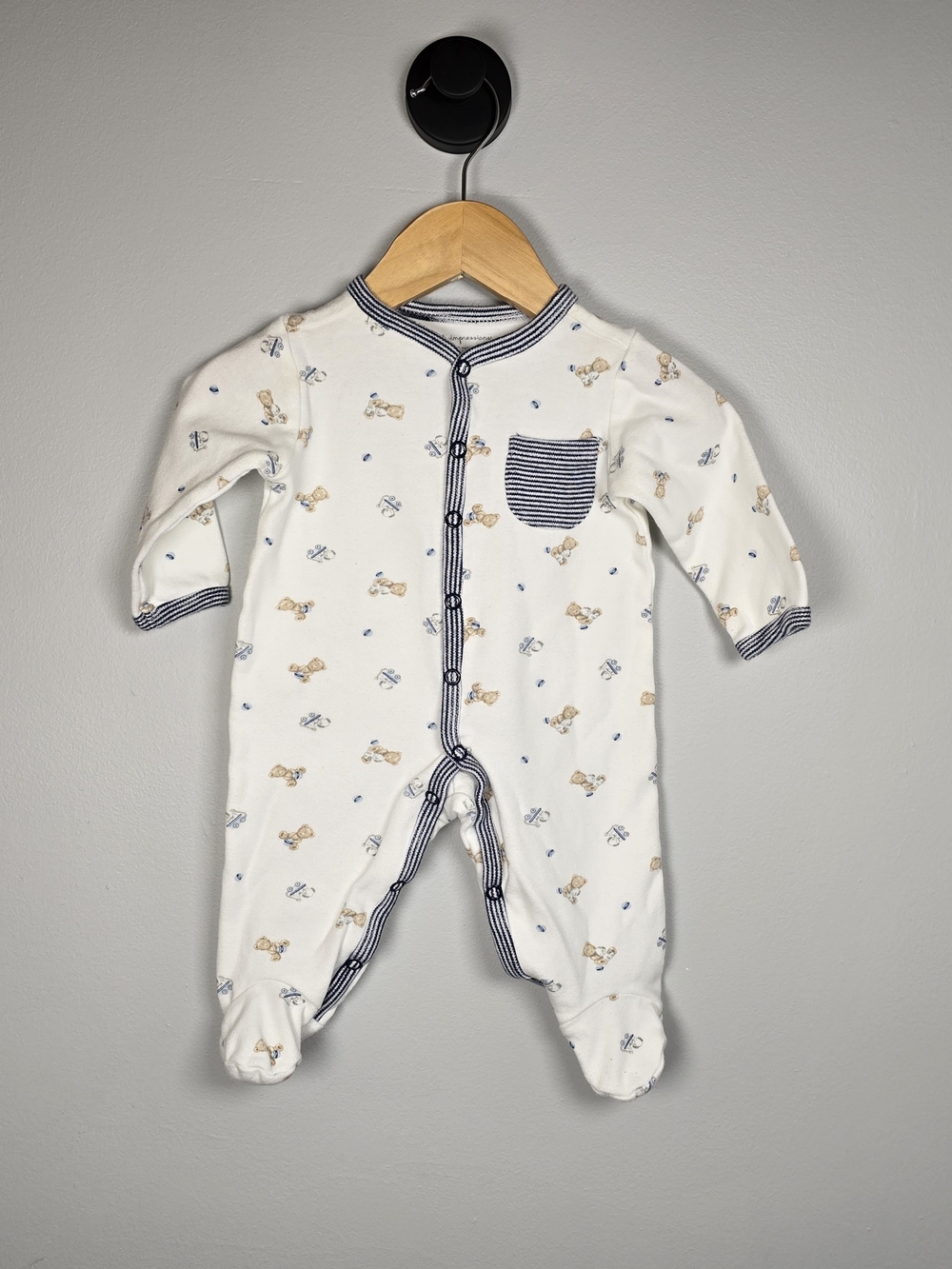 First Impressions White Footed One-Piece with Navy Trim and Puppy Print